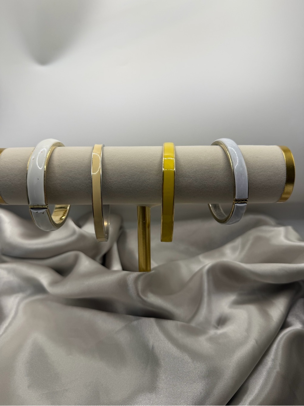 Vintage Enamel Bangle Bracelet Stack Set of 4 White Yellow Cream
